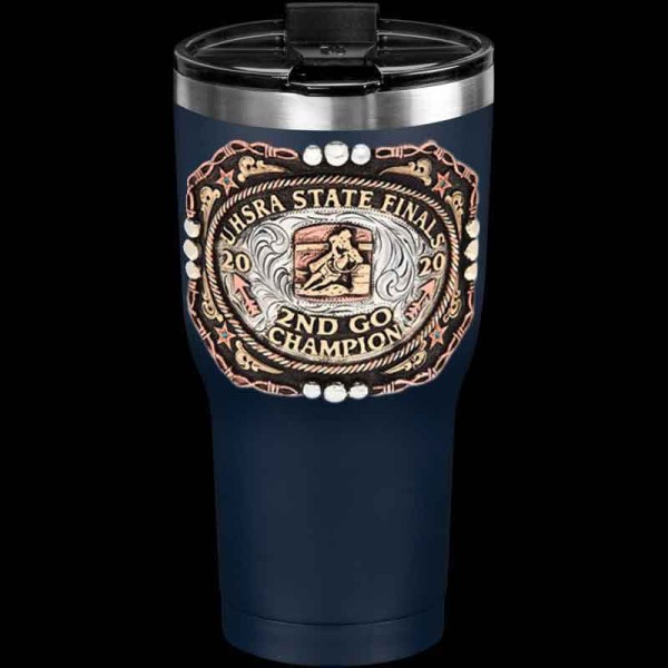 Elevate your style with our Angora Custom Tumbler. a luxurious 30 oz thermal cup that can be personalized with your own lettering,  figure, ranch brand, or logo. Featuring a barbed wire frame and hand engraved silver decoration.